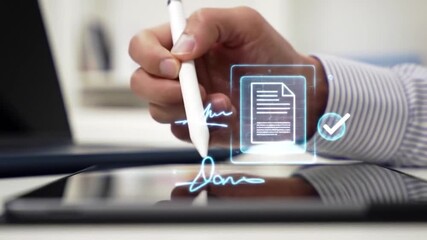 Digital Signature on Tablet with Stylus Secure Document Approval, Technology, and Business Efficiency - Powered by Adobe