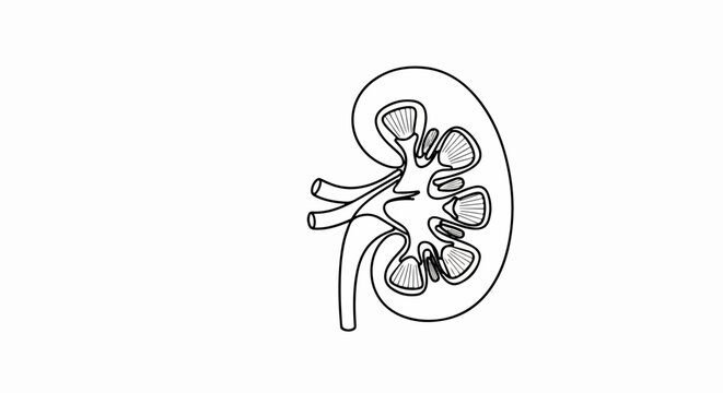 Detailed Black and White Anatomical Illustration of Human Kidney