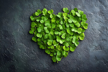 Heart Shape Made of Green Clover Leaves on Dark Stone Background