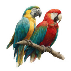 Obraz premium Realistic illustration of colorful parrots sitting on a branch on white background.