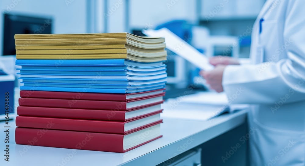 Aufkleber Stack of Colorful Books in a Medical Lab with Doctor Analyzing Documents in Background