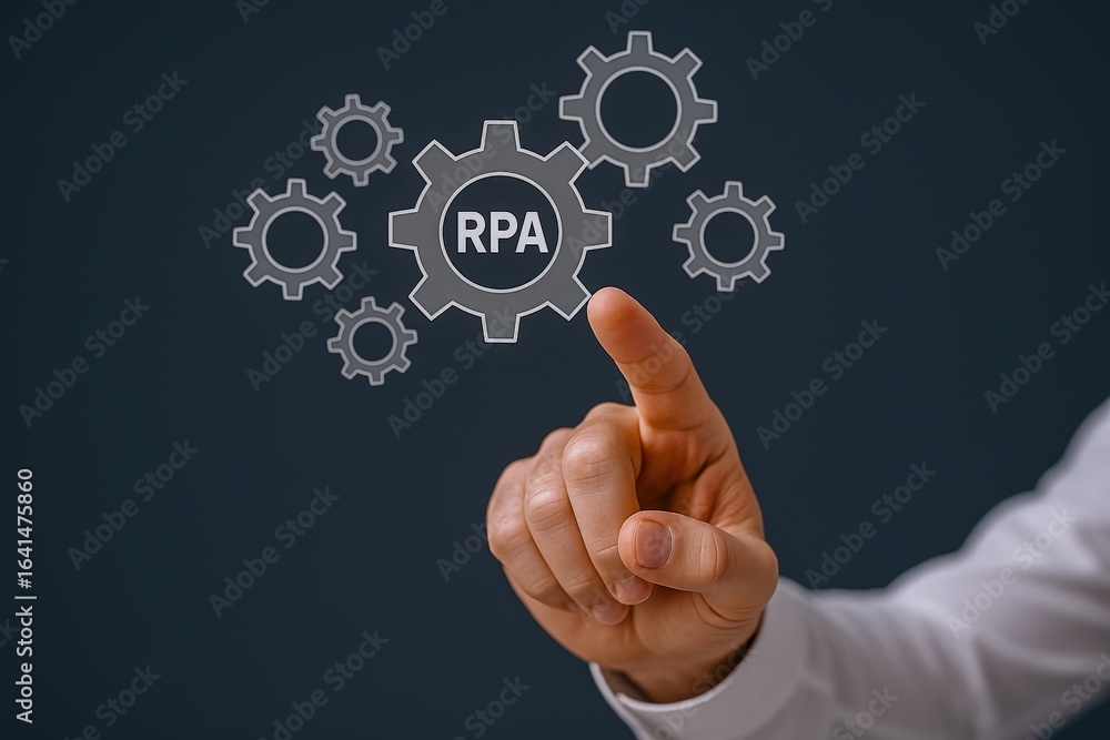 Poster robotic process automation concept: hand touching rpa icon with gears on a dark background