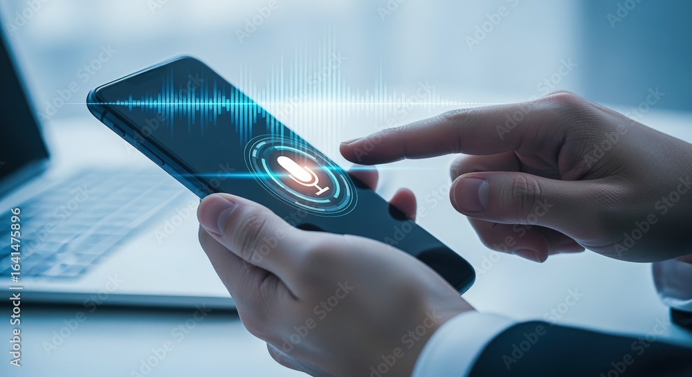 Poster hands using smartphone with voice assistant app and soundwave display on screen