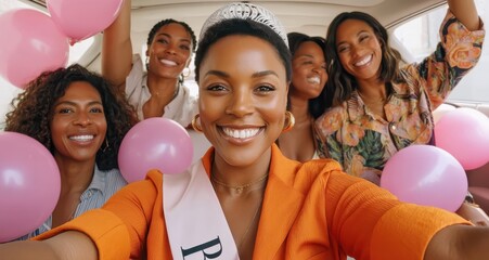 Friends celebrating a bachelorette party in a car with joyful smiles