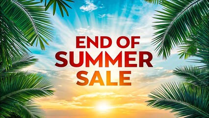 End of summer sale banner with tropical beach sunset and palm leaves
