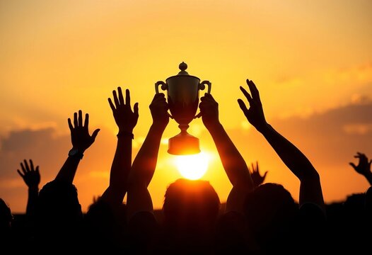 Silhouetted hands raise towards a sunset, victorious team holds trophy, up, sport