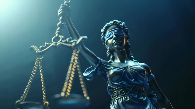 Detailed metallic Lady Justice statue. Blindfolded, she holds balanced scales against blurred, dark background. This represents impartial judgment within fair judicial system