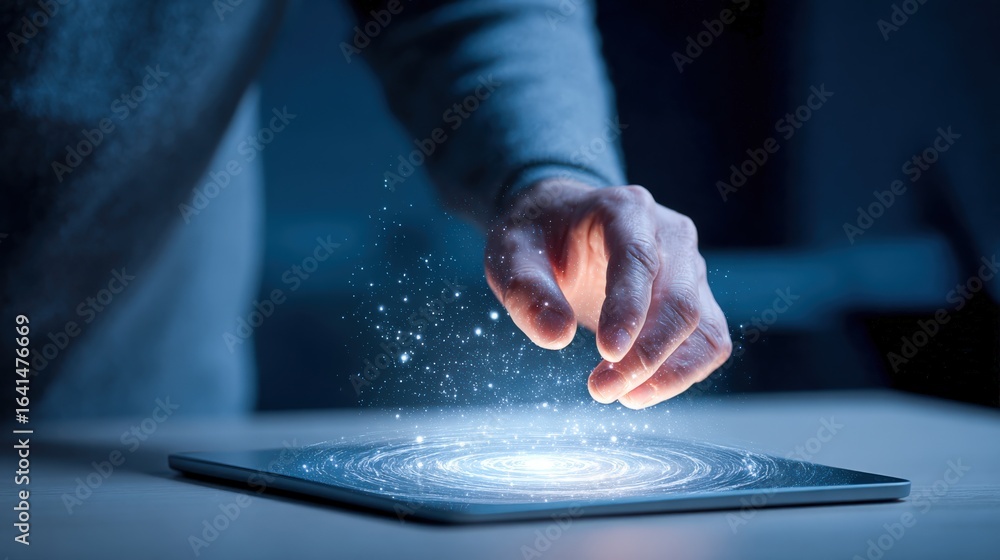 Poster hand interacting with digital tablet displaying futuristic holographic data visualization, high tech