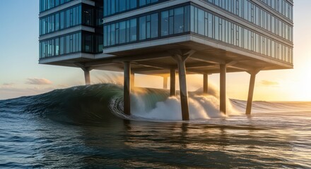 Naklejka premium Surreal Coastal Architecture Endures a Powerful Crashing Wave at Sunset