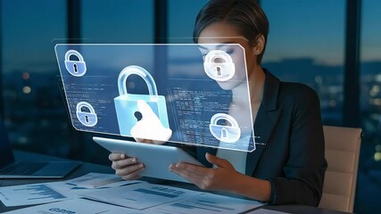 Businesswoman analyzing cybersecurity data on a digital tablet screen - Powered by Adobe