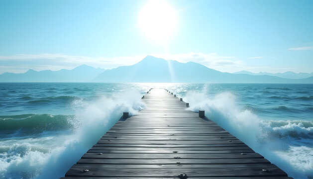 A wooden pier stretches toward mountains, with waves and a bright sun overhead. - Powered by Adobe