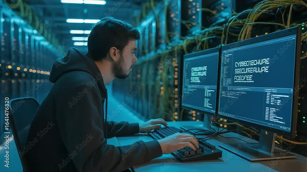 Poster cybersecurity expert working on computers in server room environment