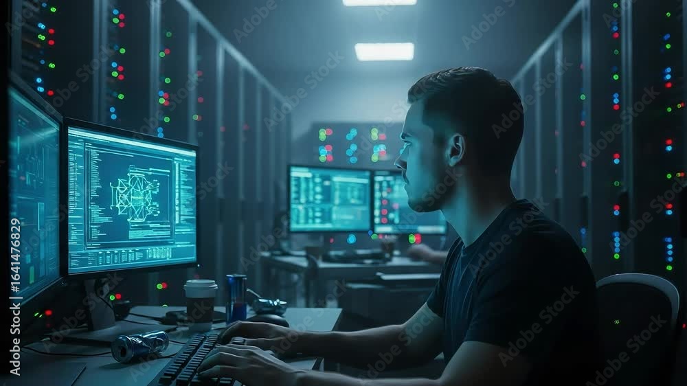 Poster cybersecurity professional analyzes data on multiple monitors in a server room