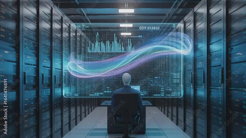 Poster data analysis in server room with engineer monitoring digital stream