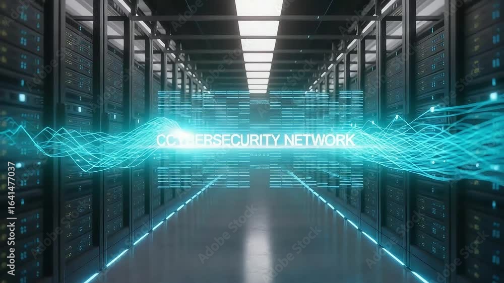 Poster cybersecurity network visualization in server room data center animation