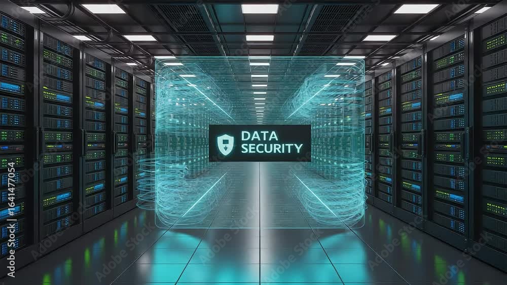 Poster data security in a modern server room with digital shield technology