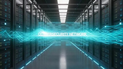 Cybersecurity network visualization in server room data center animation - Powered by Adobe