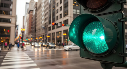 Close-up of a green traffic light at a busy city intersection with blurred urban activity.