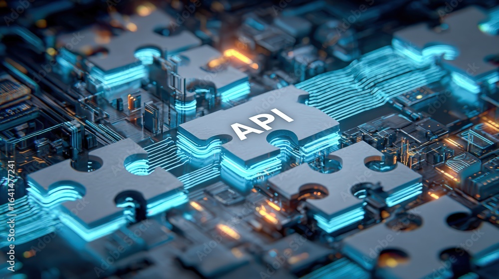 Poster api puzzle pieces on circuit board: digital integration and connectivity high-tech concept illustrat
