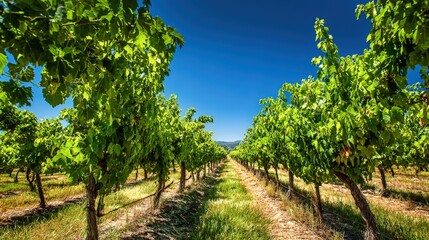 Obraz premium Lush Vineyard Landscape with Grape Vines and Blue Sky, Ideal for Wine Production and Tourism