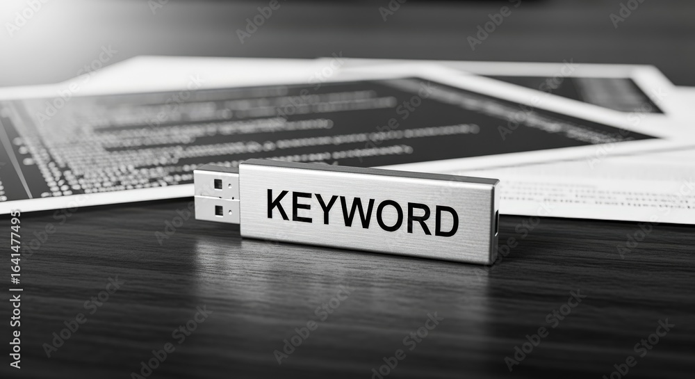 Poster usb drive displaying the word keyword to illustrate data storage and information management concepts