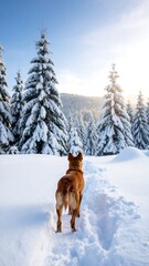 Naklejka premium Dog in snowy forest