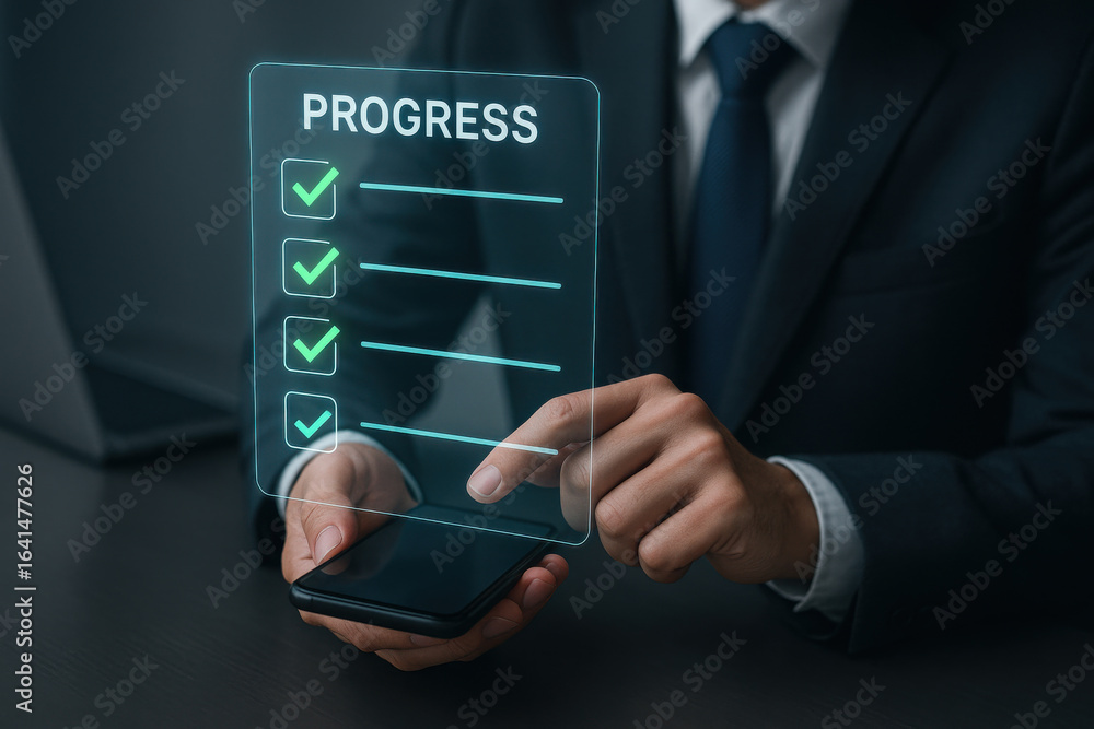 Poster progress checklist with green check marks displayed above smartphone held by businessman