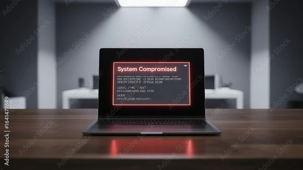 Poster laptop screen displaying system compromised warning in office setting