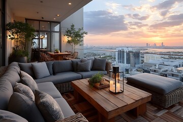 Obraz premium Rooftop terrace view with cozy setup high resolution photo
