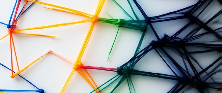 Colorful string art evolving, shifting from vibrant to dark hues, creating contrast visual flow