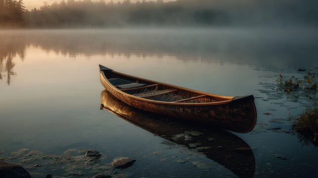 Canoe floats on serene lake at dawn, trees in misty background, for travel ad - Powered by Adobe