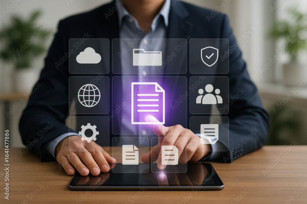 Poster digital document management concept with business person using tablet and icons
