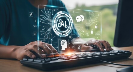 Person Typing with AI Interface Overlay: Artificial Intelligence Integration and Future Technology Concept