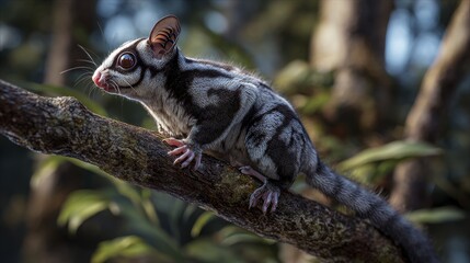 Obraz premium A sugar glider perched on a branch its striped fur large eyes and delicate claws are clearly visible against a natural slightly blurred background