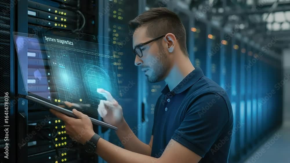 Poster system administrator analyzing server data with holographic interface