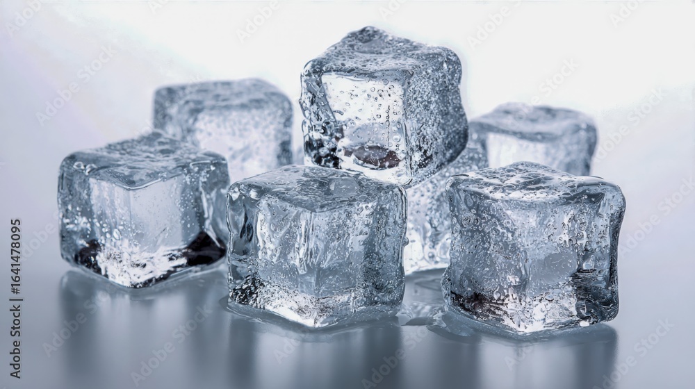 Poster pile of clear ice cubes on reflective surface for beverages and refreshment concepts