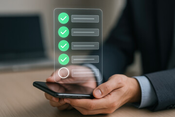 Task completion checklist with green check marks floating above smartphone held by businessman