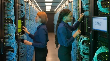 Two women working in server room with cables and computer systems - Powered by Adobe