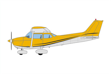 
Yellow propeller plane. Airplane side view sketch. A Cessna 172 propeller light aircraft, perfect for educational resources for kids learning about aviation. Flat style vector illustration.