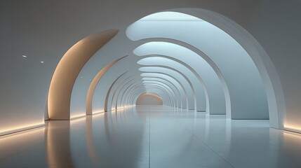 Modern White Tunnel with Arches and Reflective Floor, Architectural Design and Perspective, Ideal for Backgrounds