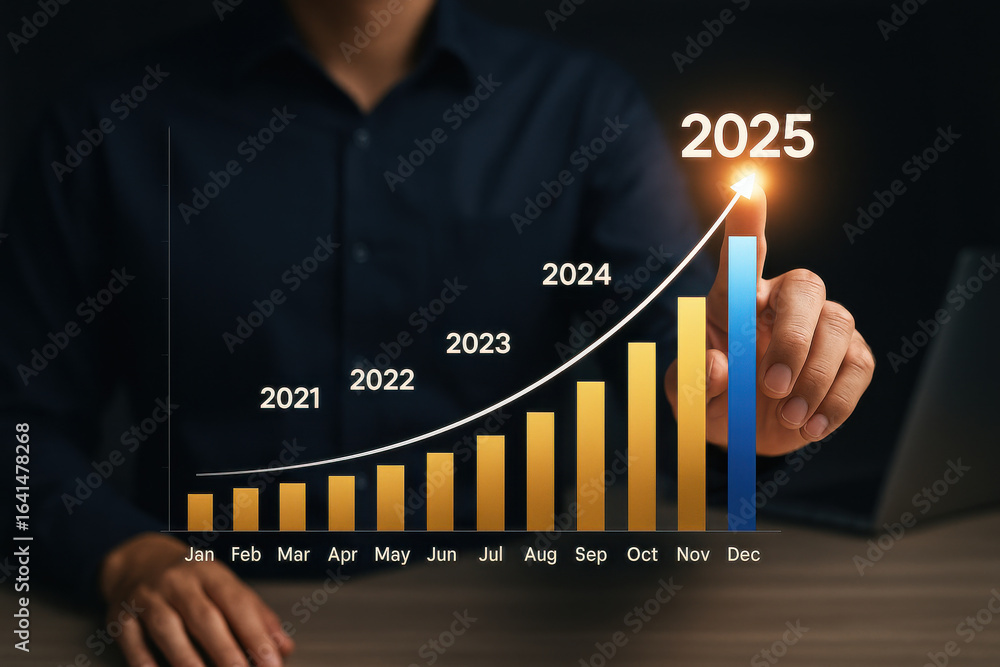 Poster business growth chart with rising bar graph and hand pointing 2025 showing success and progress