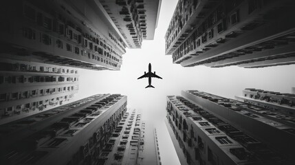 Airplane Flying Between Tall Buildings in Black and White