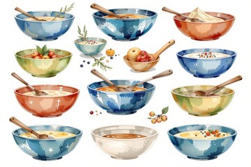 collection watercolor style isolated on white background clipart include at least 10 isolated mixing bowls themed elements and leave a 10% margin clear around the sheet to avoid cropping