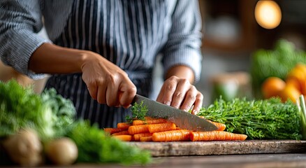 A person using an orange peeler to cut carrots and other vegetables on the kitchen counter, close-up of hands holding large tongs with carrot slices being held above the tabletop