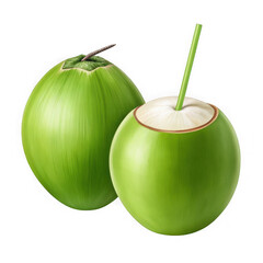 Fresh Green Young Coconuts with Drinking Straw Isolated on White Background