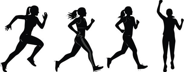 Silhouette of woman running and jogging, fitness training, athlete exercising, healthy lifestyle, sport activity, sprinting, workout sequence, black vector illustration