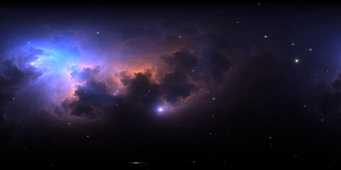 360 degree space nebula. Giant interstellar cloud with stars, equirectangular projection, environment map. Spherical panorama. 3D rendering, Fractal image