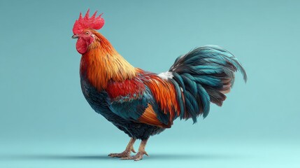 Fototapeta premium A vibrant rooster stands against a solid blue backdrop showcasing its colorful feathers and detailed comb