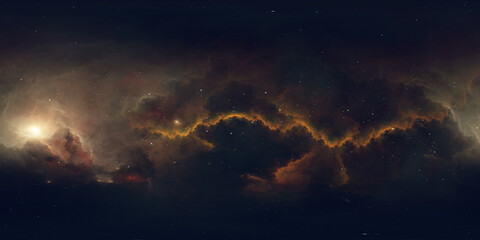 360 degree space nebula. Giant interstellar cloud with stars, equirectangular projection, environment map. Spherical panorama. 3D rendering, Fractal image