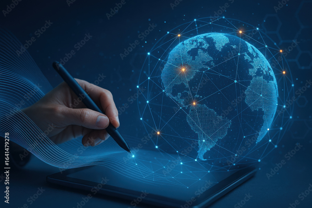Poster digital pen drawing global network connection on tablet with futuristic technology